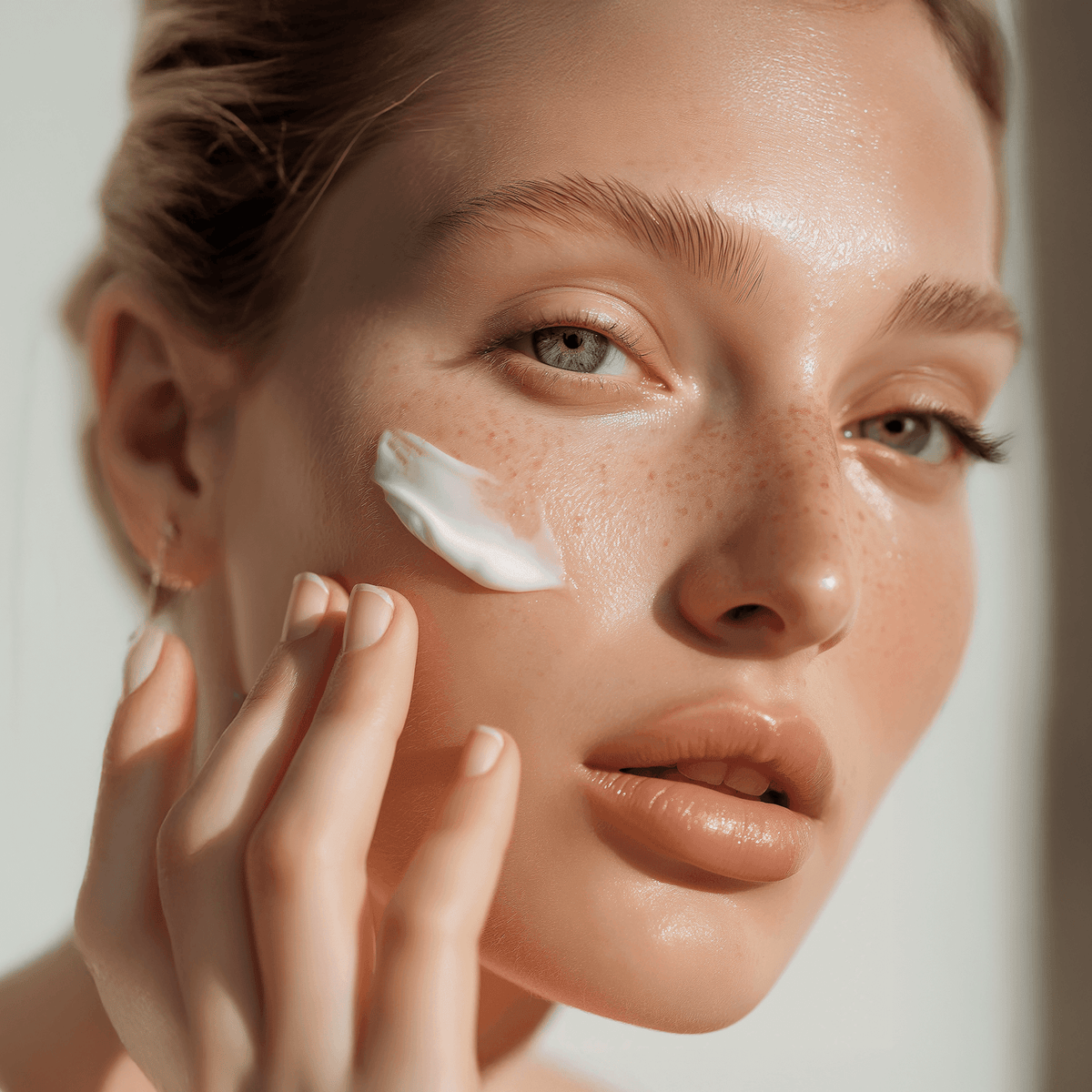 woman with sunscreen swatch on face